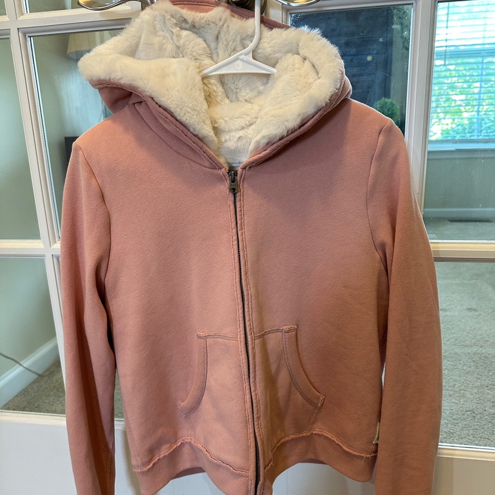 Abercrombie & Fitch hooded, fur-lined jacket, pink & cream, sz medium, worn once